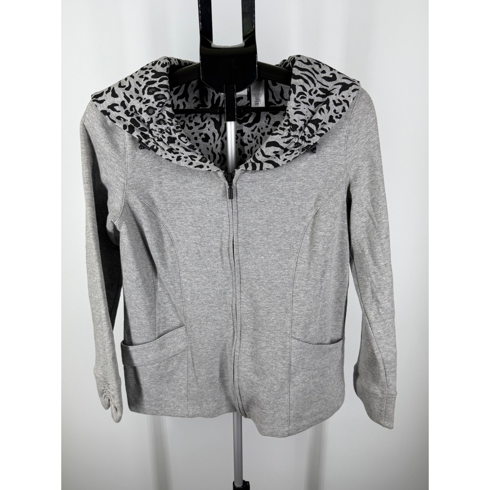 Zenergy by Chicos Gray Leopard Print Cowl‎ Neck Full Zip Jacket Womens Size 1
